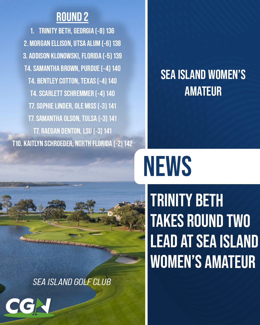 Graphic highlighting Trinity Beth leading the Sea Island Women’s Amateur after round two at Sea Island Golf Club with a two round score of 8 under 136.