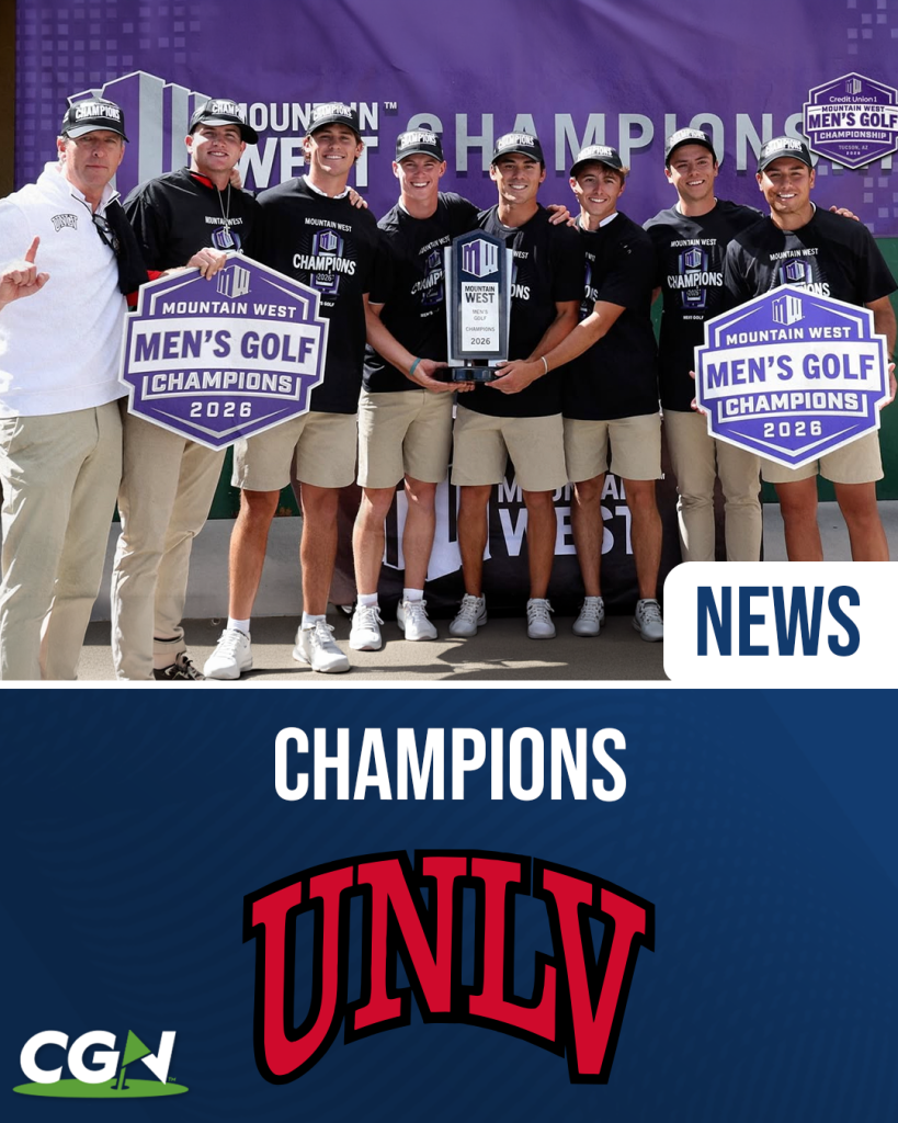 UNLV men’s golf team poses with the Mountain West Championship trophy and champions signs after winning the 2026 title