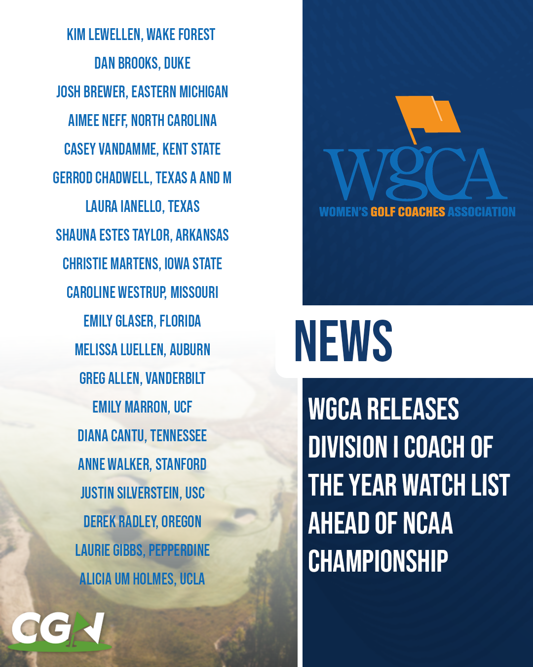 Graphic showing the WGCA Division I Coach of the Year watch list featuring coaches from programs including Wake Forest, Duke, Eastern Michigan, North Carolina, Texas A and M, and UCLA