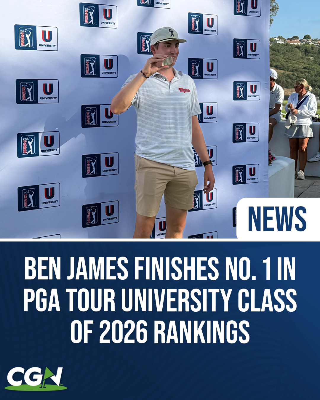 Virginia golfer Ben James poses with his PGA TOUR University award after finishing No. 1 in the Class of 2026 rankings.