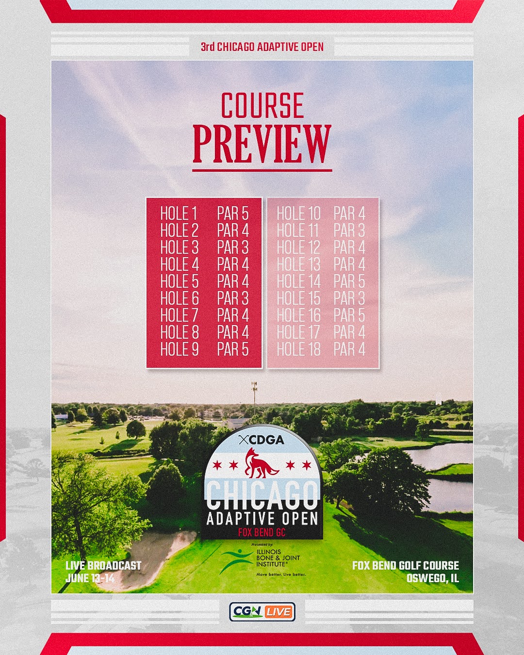 Graphic previewing Fox Bend Golf Course ahead of the 2026 Chicago Adaptive Open in Oswego, Illinois, including the full par breakdown for all 18 holes.