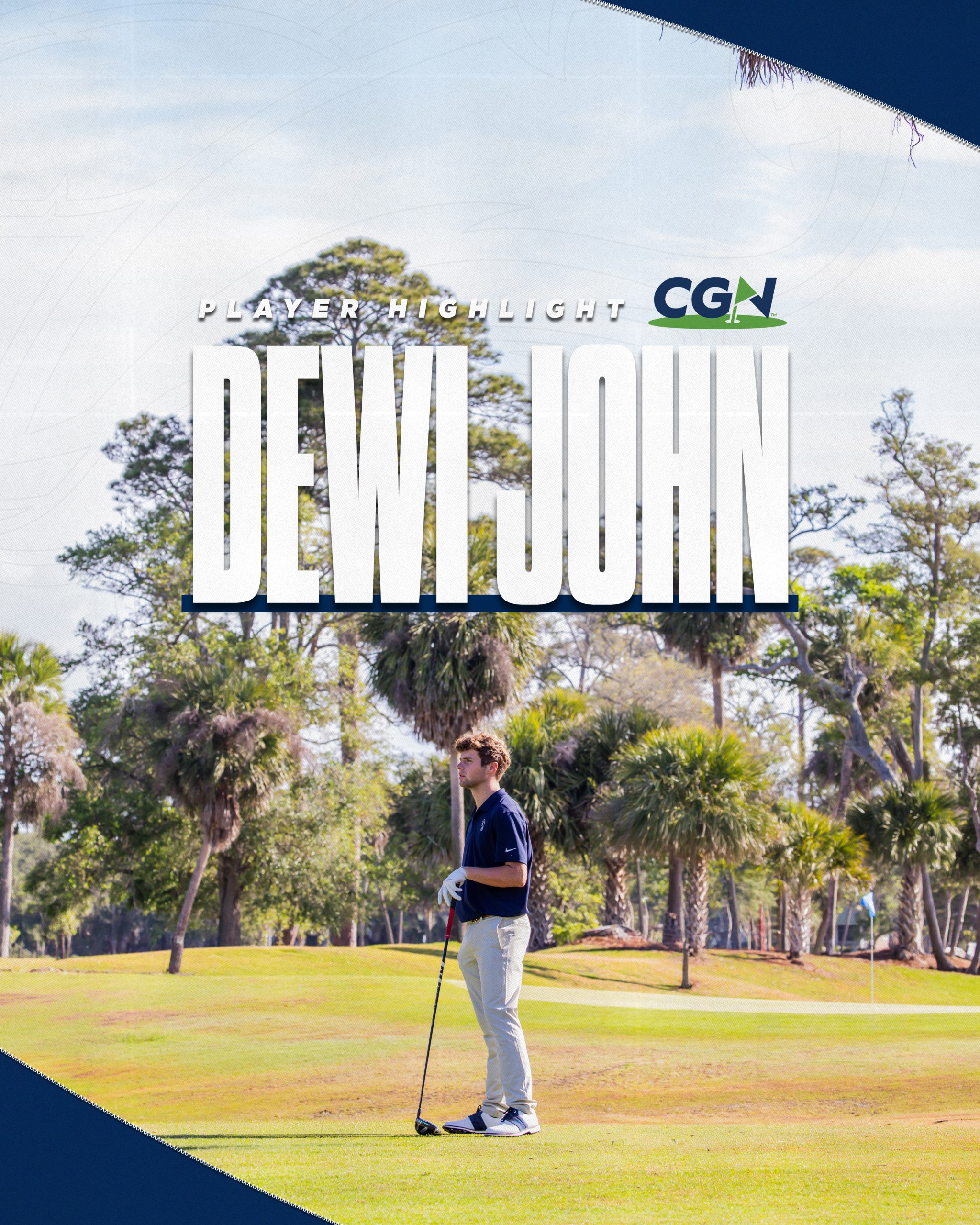 CGN Player Highlight graphic featuring Charleston Southern golfer Dewi John standing on a golf course during competition. The image accompanies a feature story on John's journey from England to becoming the 2026 Big South Men's Golf Champion.