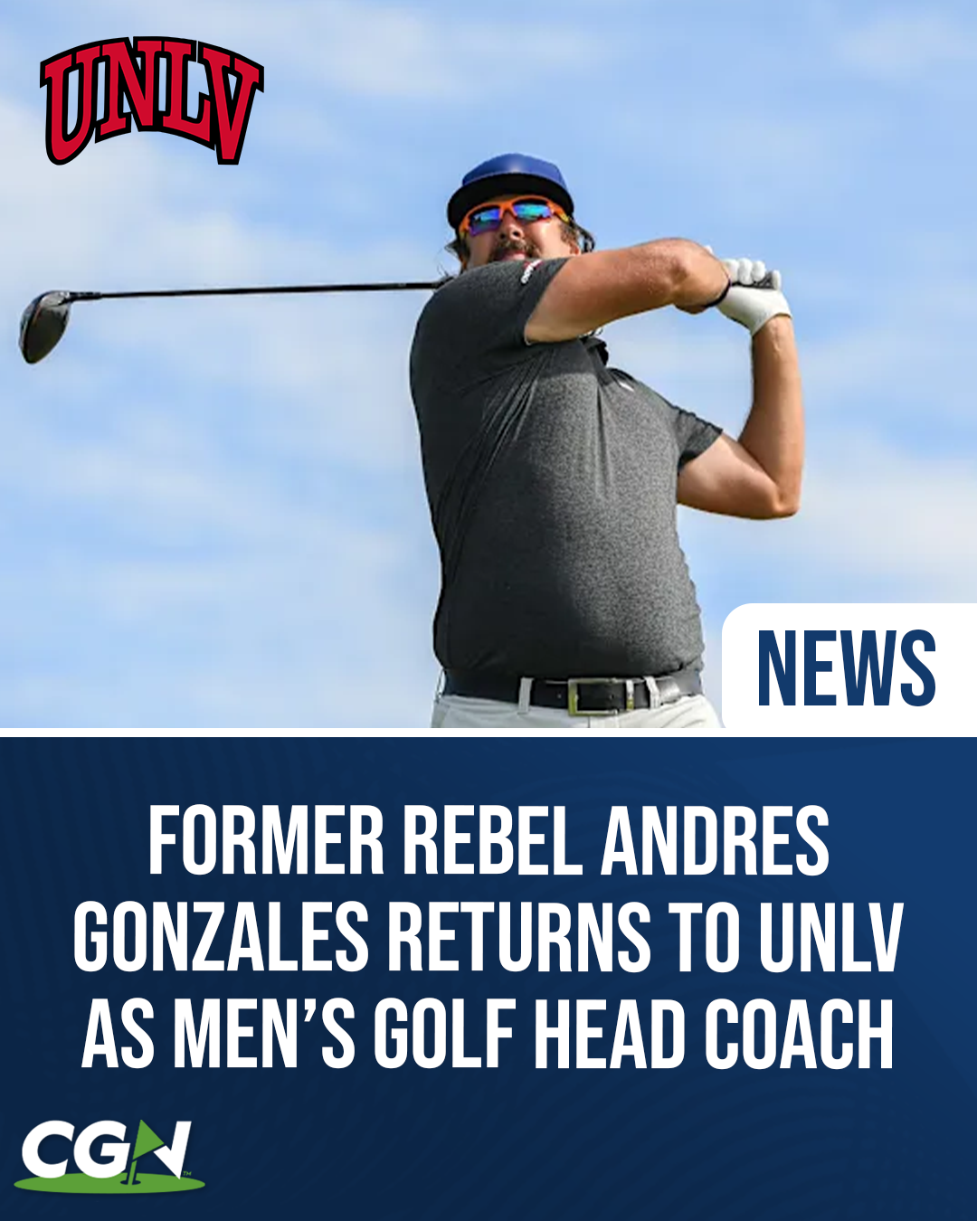 Former UNLV golfer Andres Gonzales follows through on a tee shot after being named the Rebels’ new men’s golf head coach.