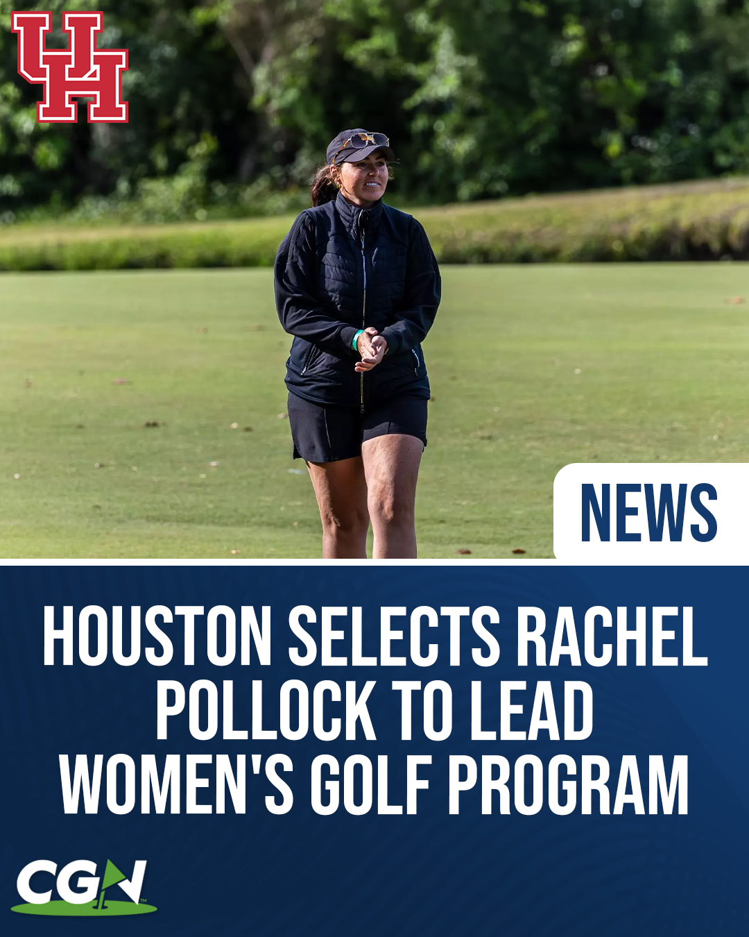 Rachel Pollock stands on a golf course during competition as the University of Houston announces her hiring as the new head coach of the women's golf program.