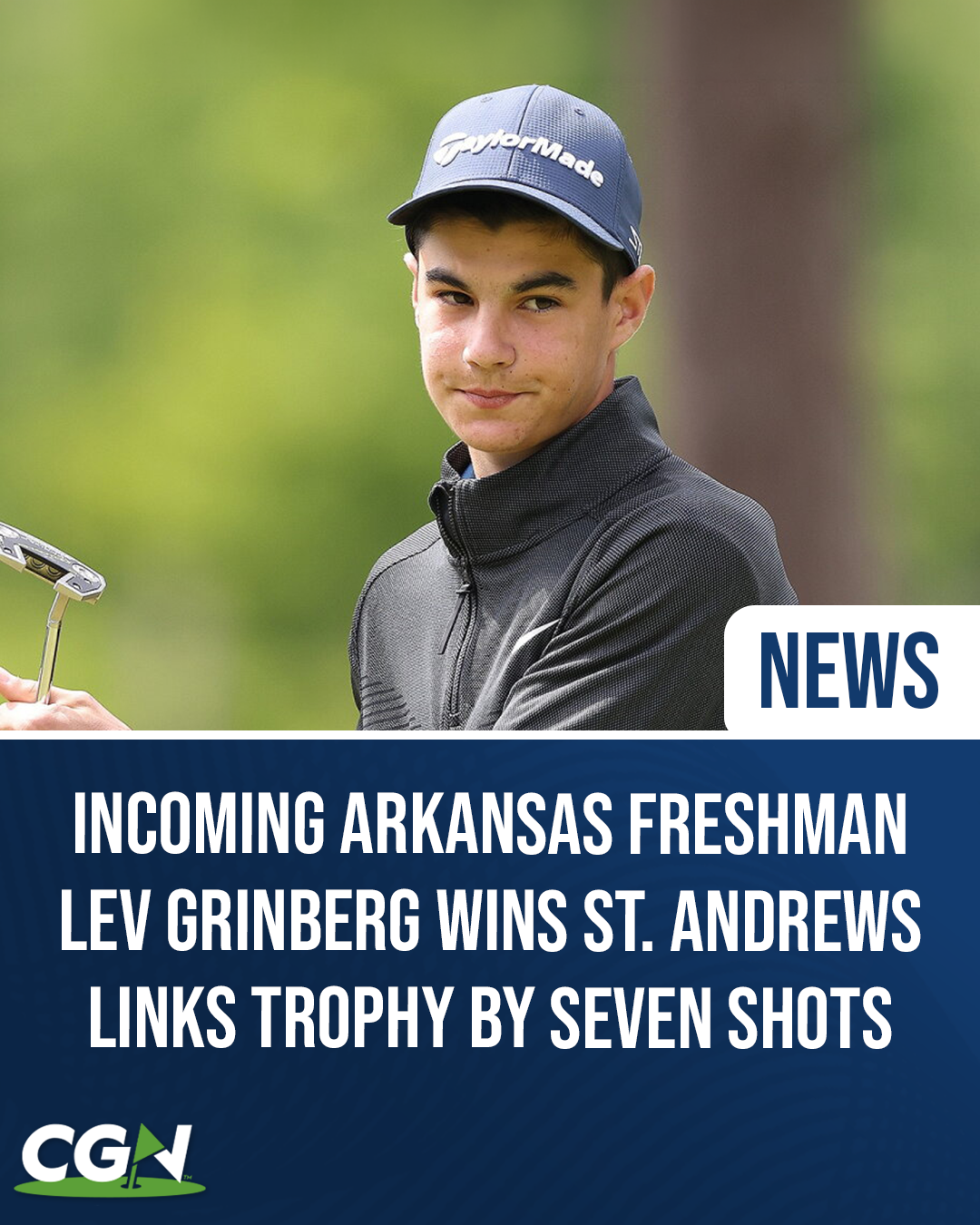 Incoming Arkansas freshman Lev Grinberg during competition after winning the 2026 St. Andrews Links Trophy with a seven stroke victory at St. Andrews.