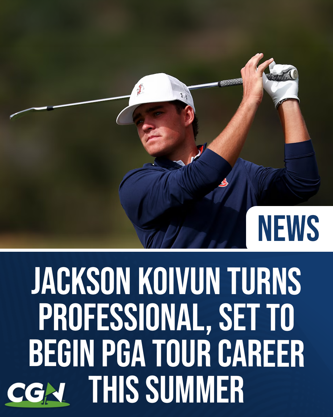 Auburn golfer Jackson Koivun follows through on a golf shot during competition. The graphic announces that Koivun has turned professional and is set to begin his PGA Tour career during the summer of 2026.