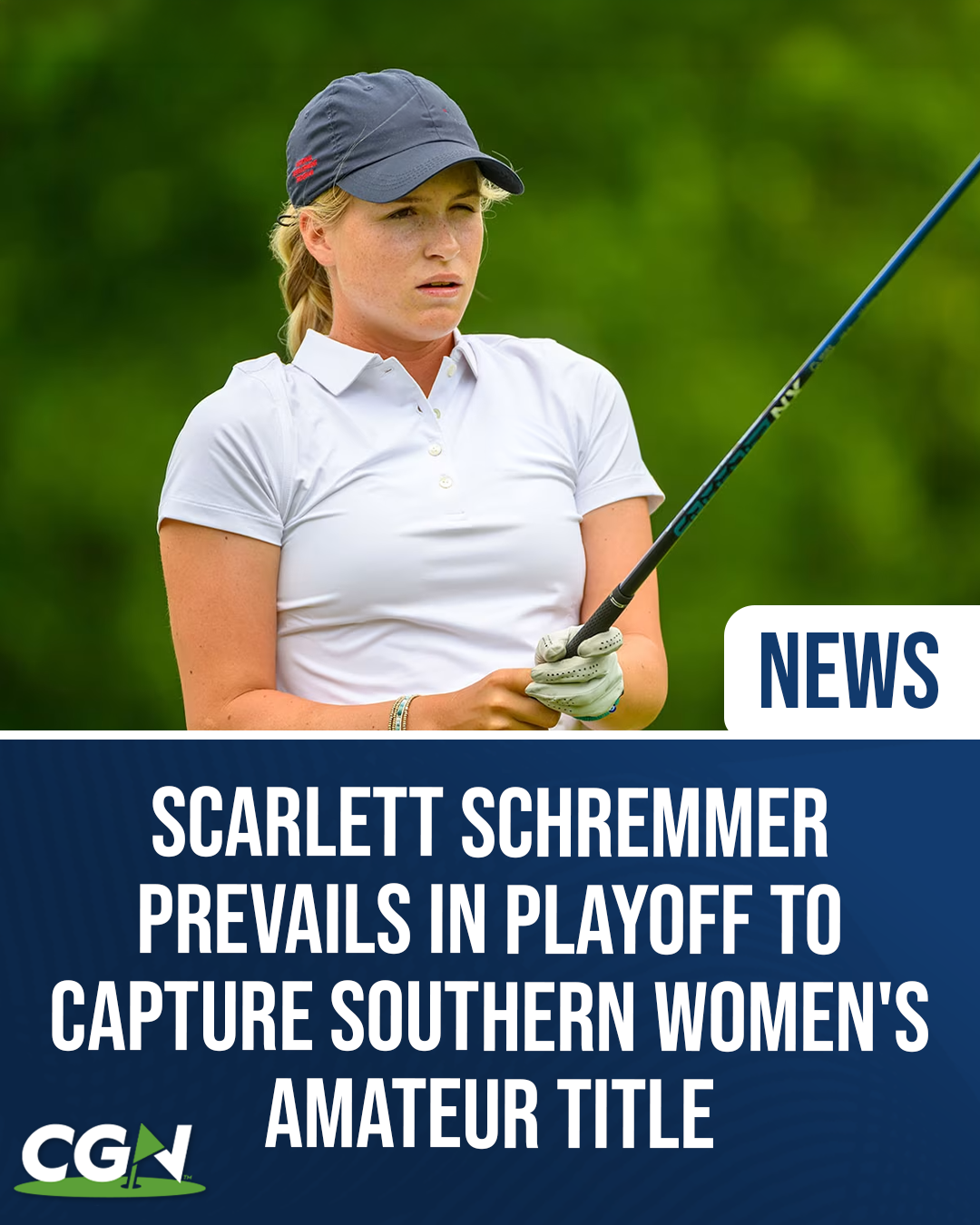 Scarlett Schremmer of Miami Women's Golf prepares for a shot during competition. The image accompanies CGN coverage of her playoff victory at the 2026 Southern Women's Amateur Championship.