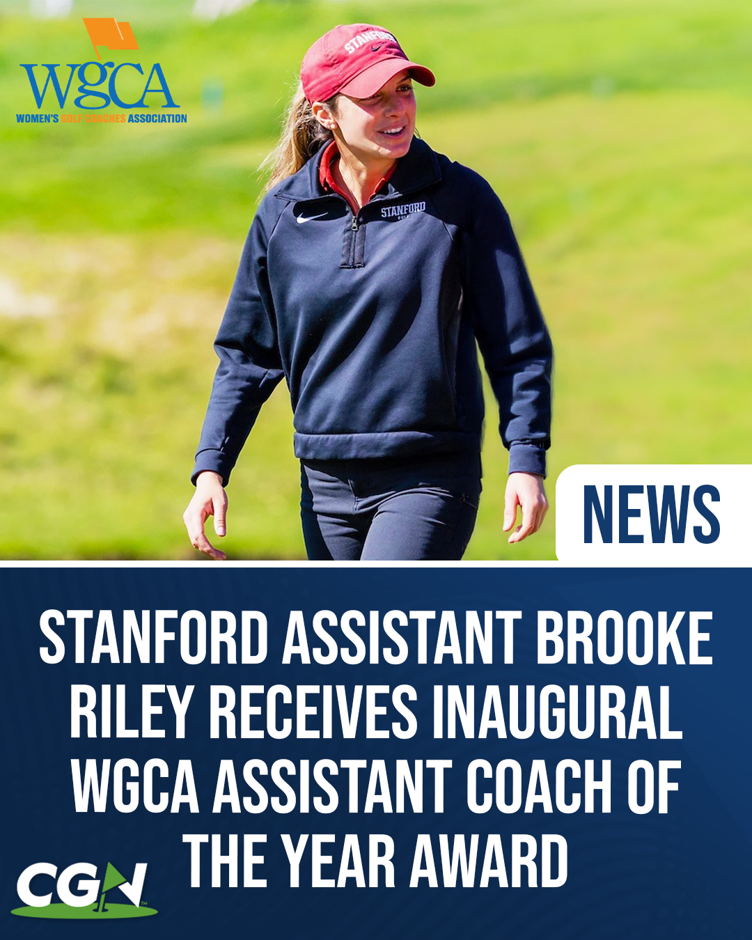 Stanford assistant women’s golf coach Brooke Riley walking on the golf course after being named the inaugural WGCA Assistant Coach of the Year.