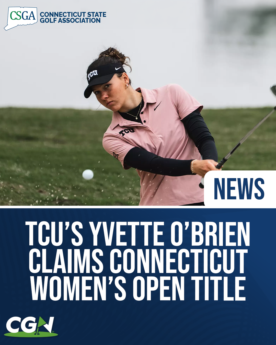 Yvette O'Brien of TCU plays a bunker shot during the Connecticut Women's Open at Tumble Brook Country Club. O'Brien won the championship at 3 under par and became the first player in Connecticut golf history to win the Connecticut Girls' Junior, Connecticut Women's Amateur, and Connecticut Women's Open titles.