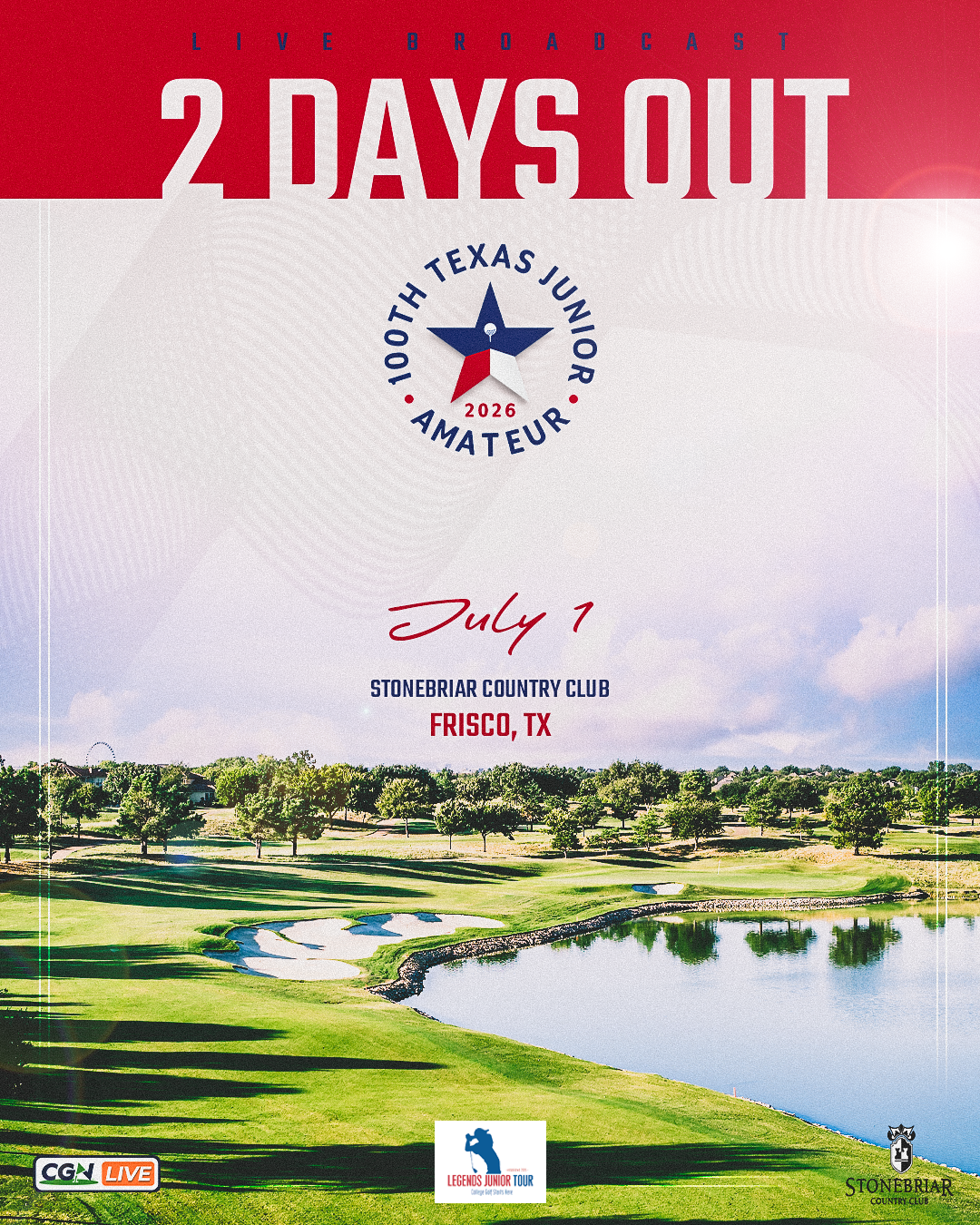 Promotional graphic for Championship Golf Network's live broadcast of the 100th Texas Junior Amateur. The design features 