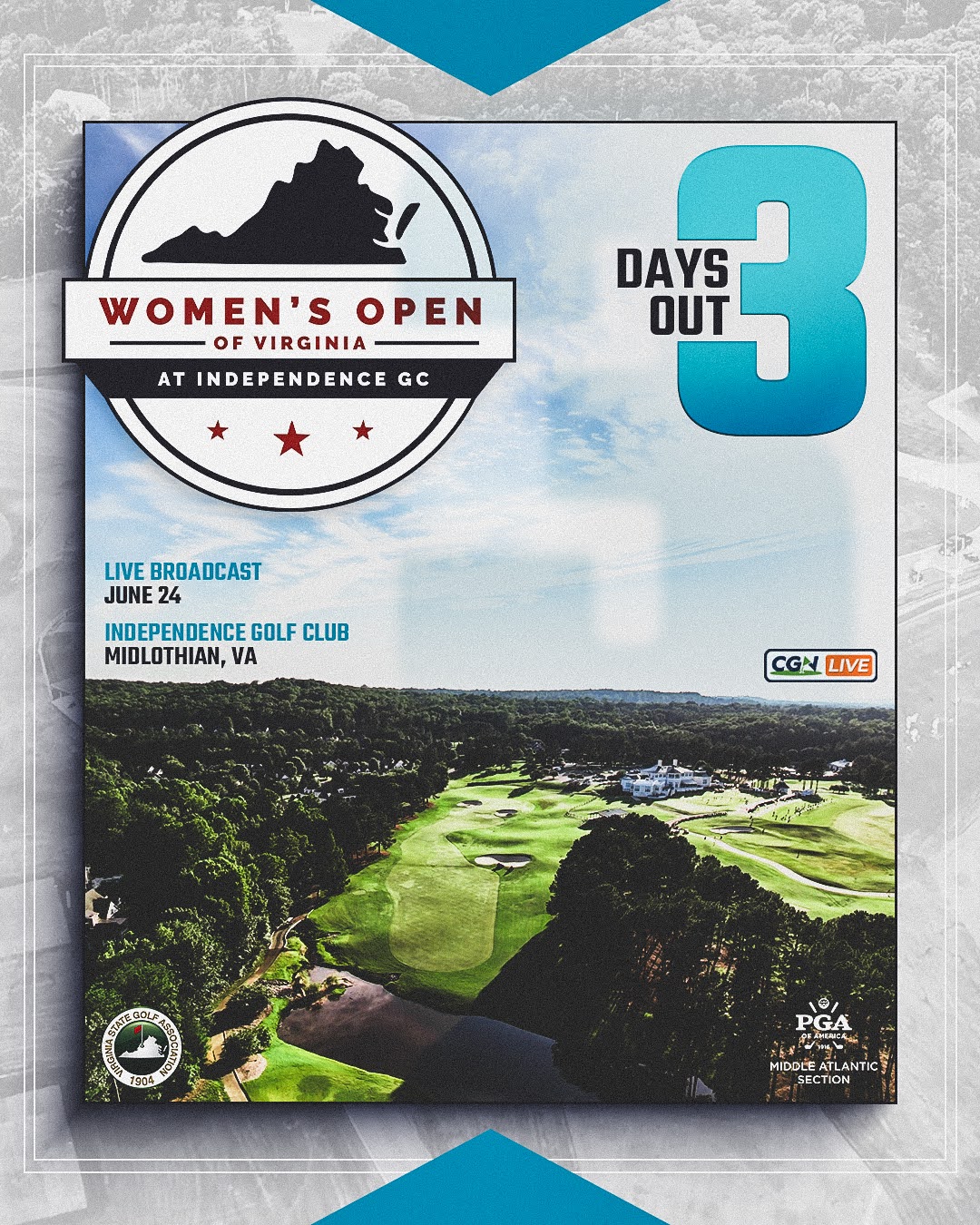 Promotional graphic for the Women's Open of Virginia at Independence Golf Club featuring a large championship logo, aerial view of the golf course, and a 