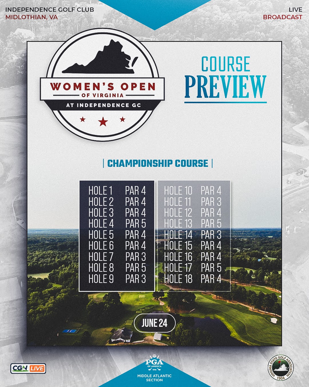 Graphic promoting the Women’s Open of Virginia course preview at Independence Golf Club in Midlothian, Virginia. The image features an aerial view of the championship course along with a hole by hole breakdown showing the par for all 18 holes. The event logo, CGN Live branding, Virginia State Golf Association logo, and Middle Atlantic PGA logo are displayed.