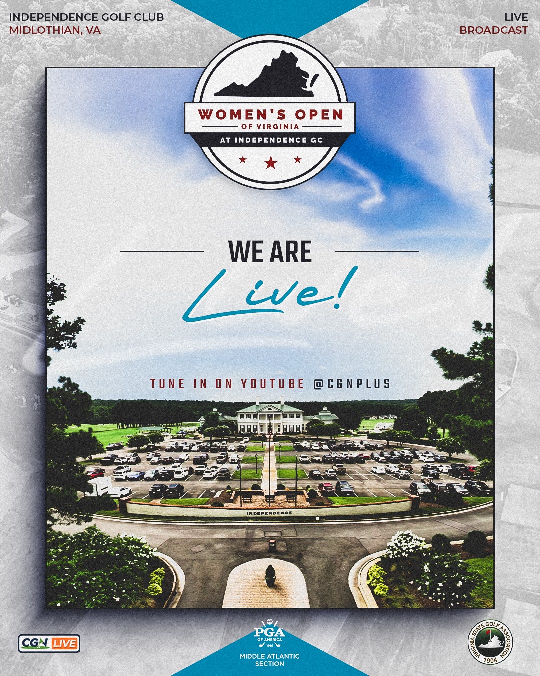 CGN graphic promoting live final round coverage of the Women's Open of Virginia at Independence Golf Club in Midlothian, Virginia, featuring the championship logo, a 