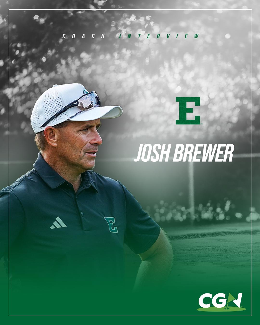 Graphic promoting a CGN Coach Interview featuring Eastern Michigan women's golf head coach Josh Brewer, shown in team apparel with the Eastern Michigan logo and CGN branding