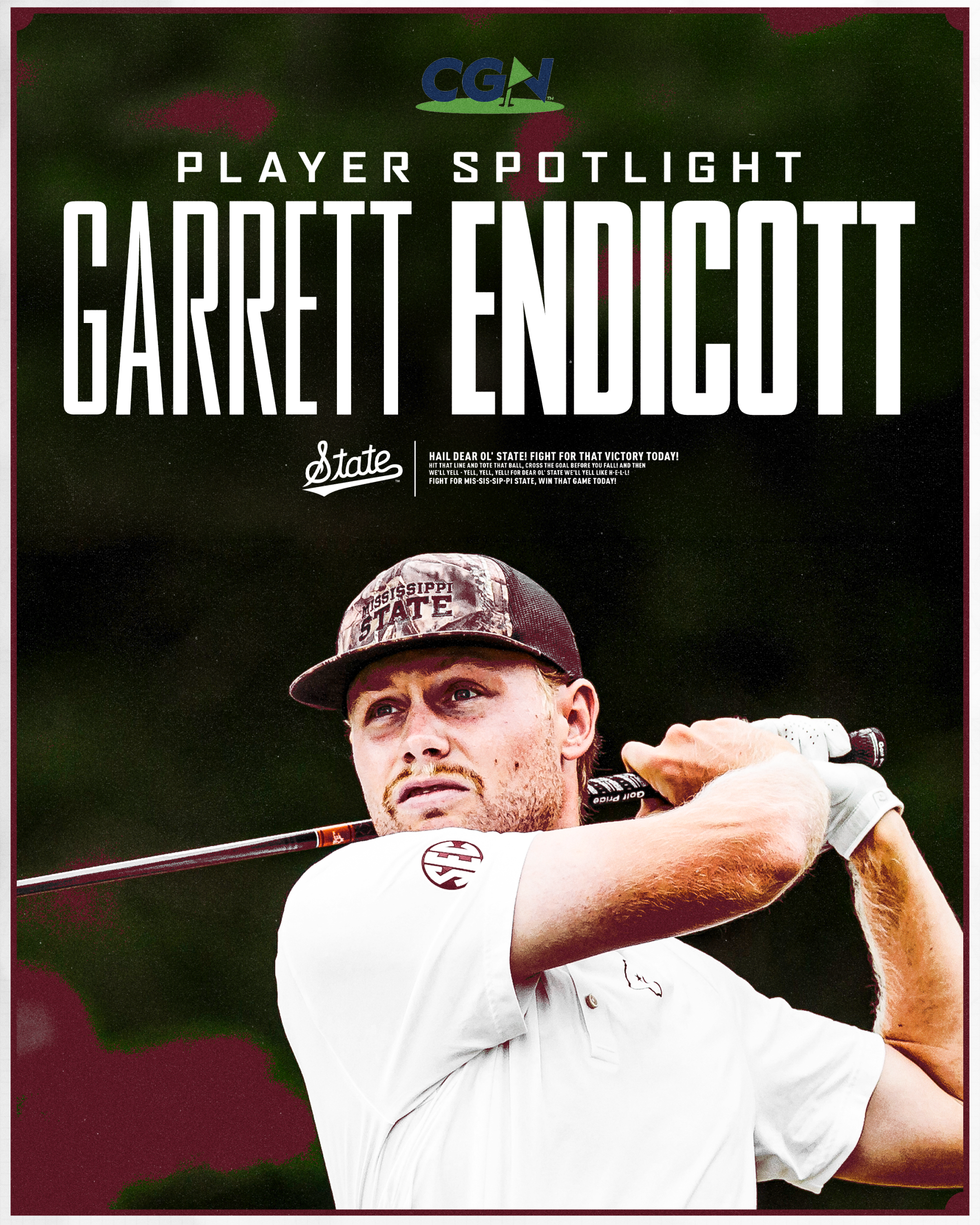 CGN Player Spotlight graphic featuring Mississippi State golfer Garrett Endicott following through on a golf swing.