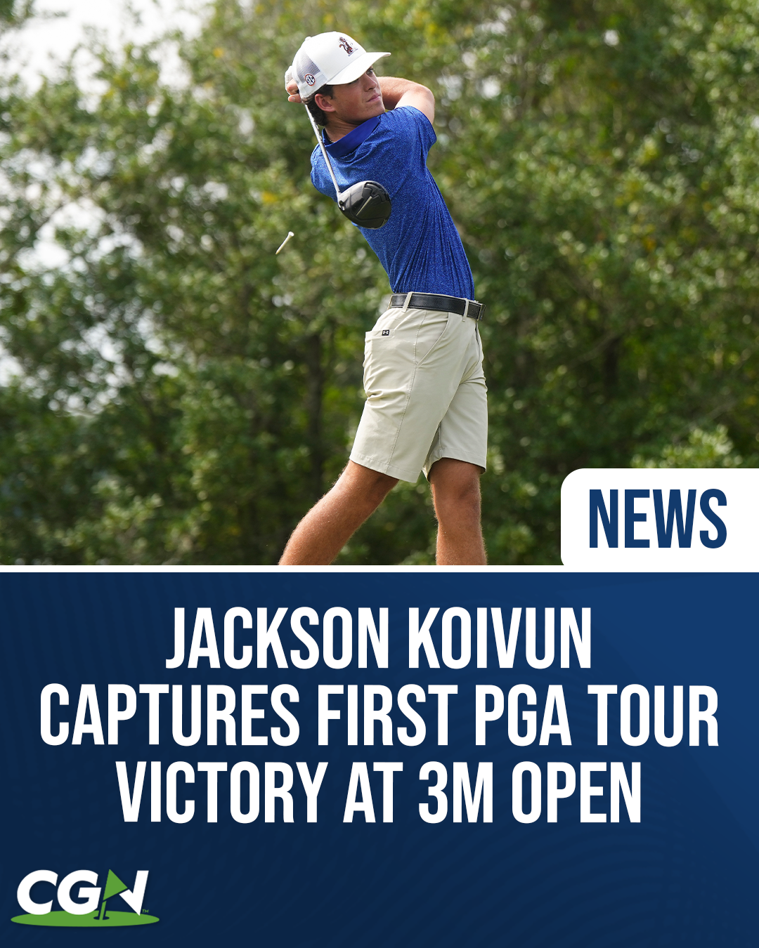 Jackson Koivun follows through on a golf shot with text highlighting his first PGA TOUR victory at the 3M Open.