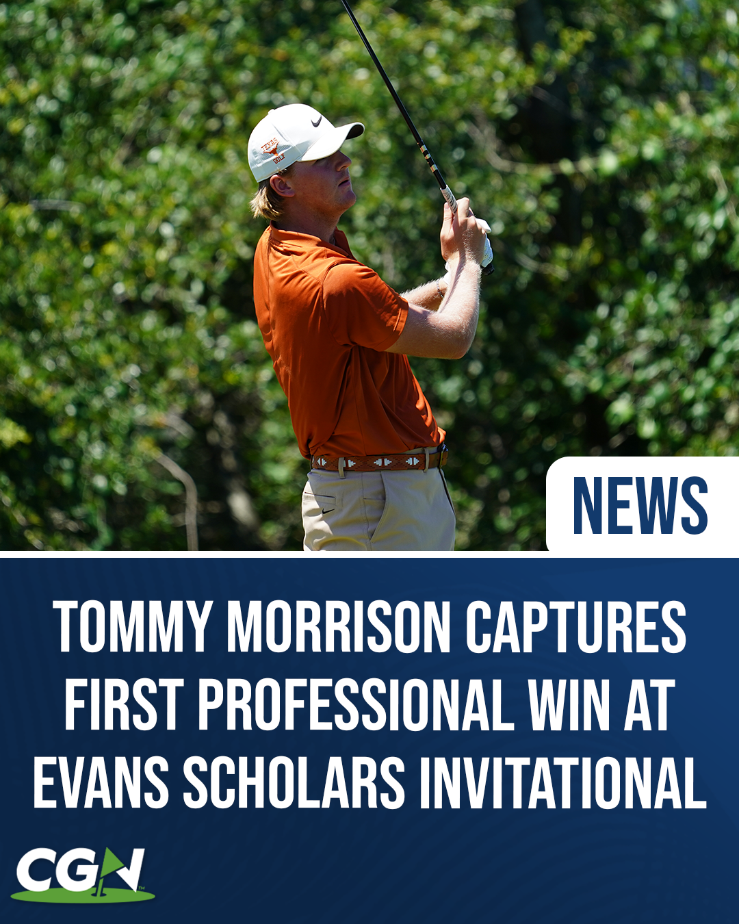 Tommy Morrison follows through on a golf shot with text highlighting his first professional victory at the Evans Scholars Invitational.