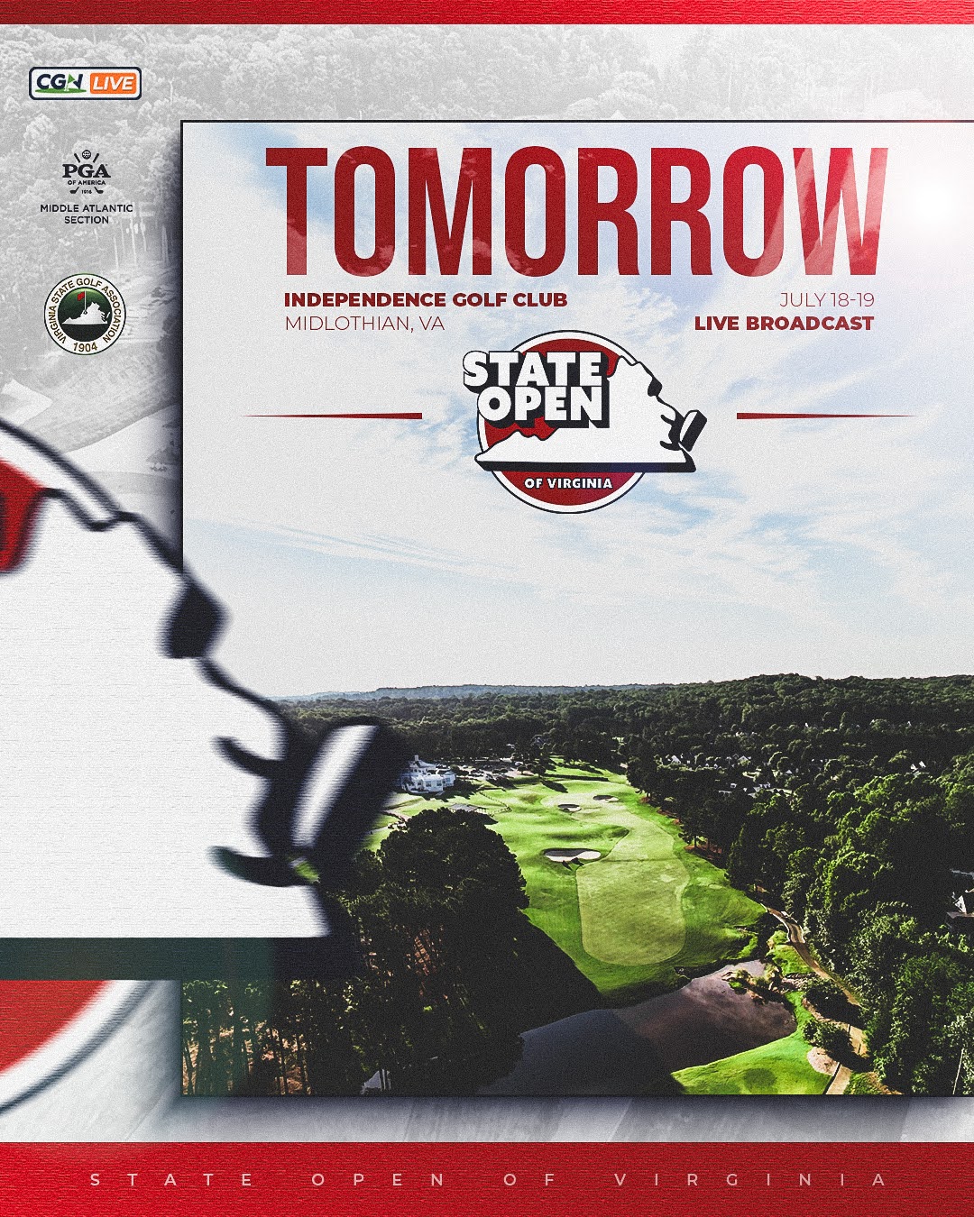 Promotional graphic for Championship Golf Network's livestream coverage of the 2026 State Open of Virginia at Independence Golf Club in Midlothian, Virginia, featuring the tournament logo, aerial view of the golf course, and a 