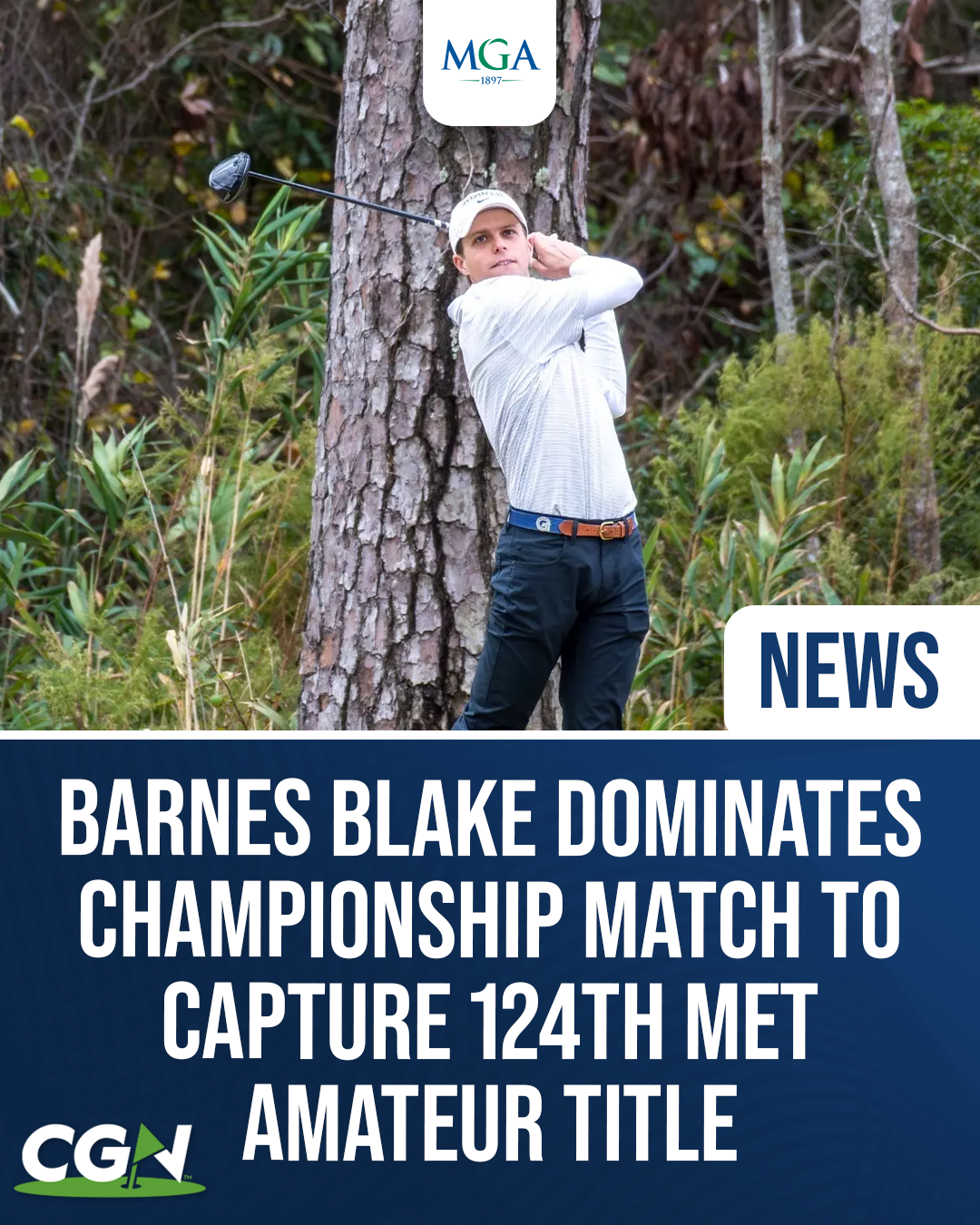 Barnes Blake follows through on a tee shot during the 124th Met Amateur Championship at Deepdale Golf Club, where he captured the title with a 7 and 5 victory in the championship match.