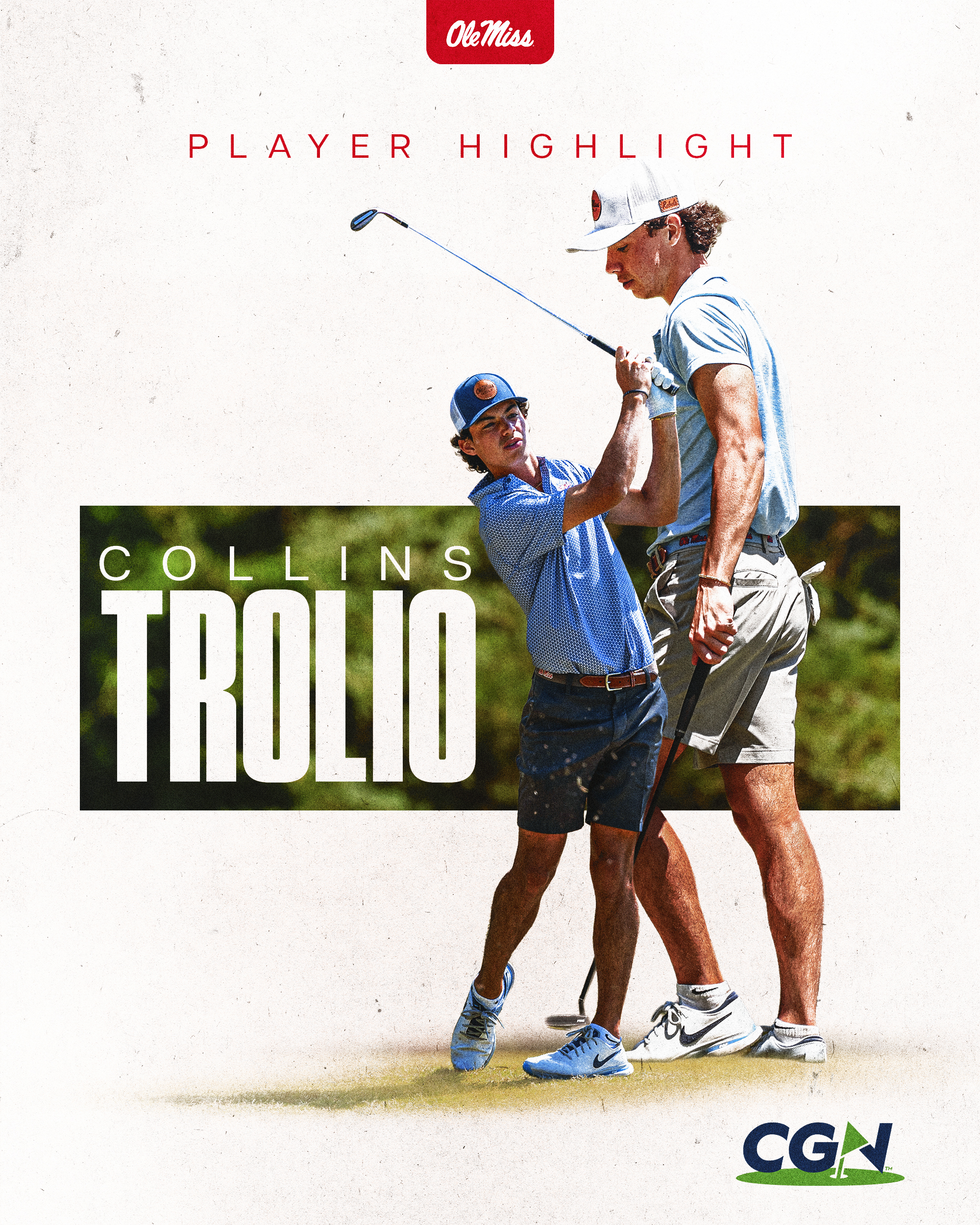 CGN Player Highlight graphic featuring Ole Miss golfer Collins Trolio with two action photos and the Ole Miss and CGN logos.