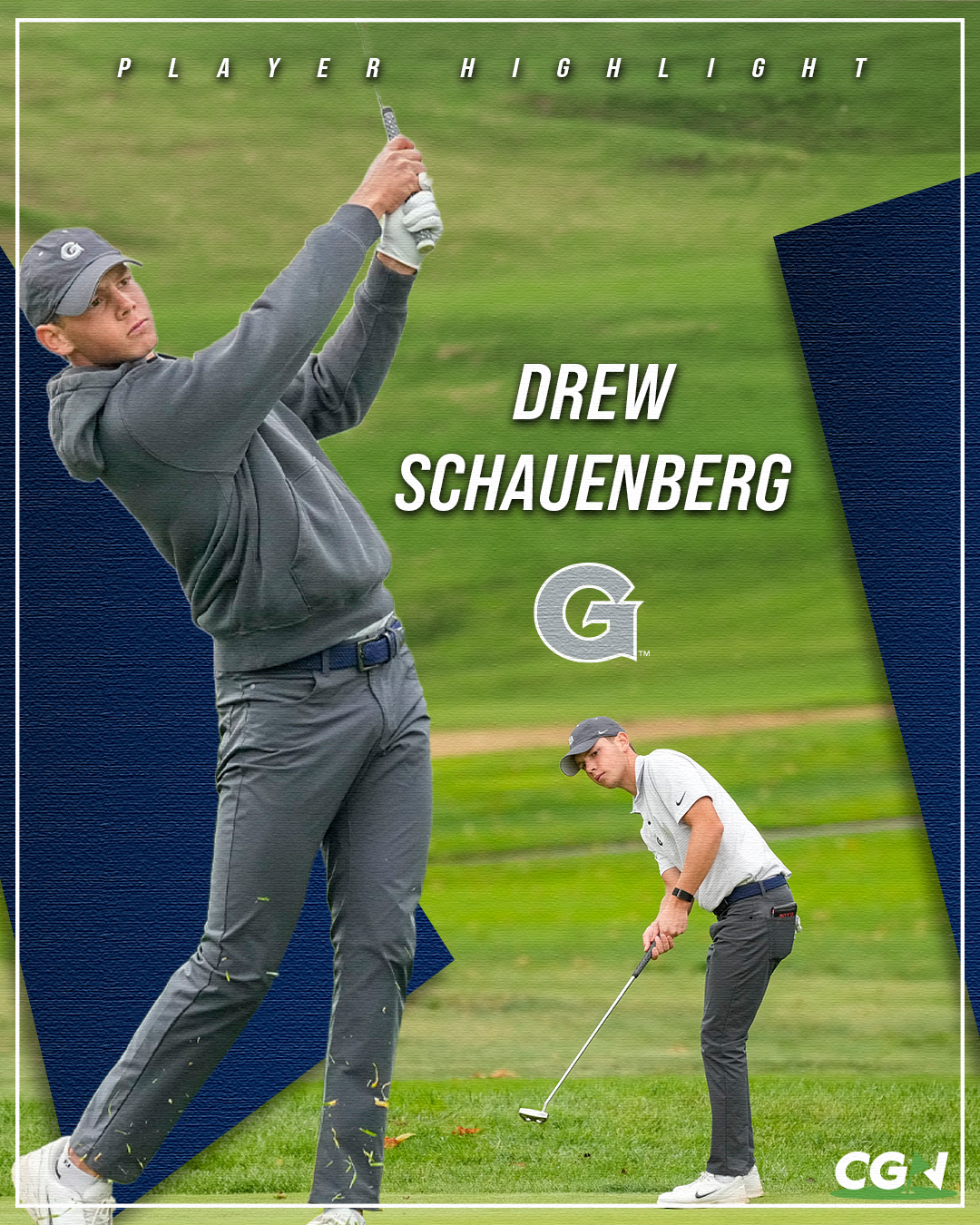 CGN Player Highlight graphic featuring Georgetown golfer Drew Schauenberg hitting a golf shot and putting alongside the Georgetown logo.