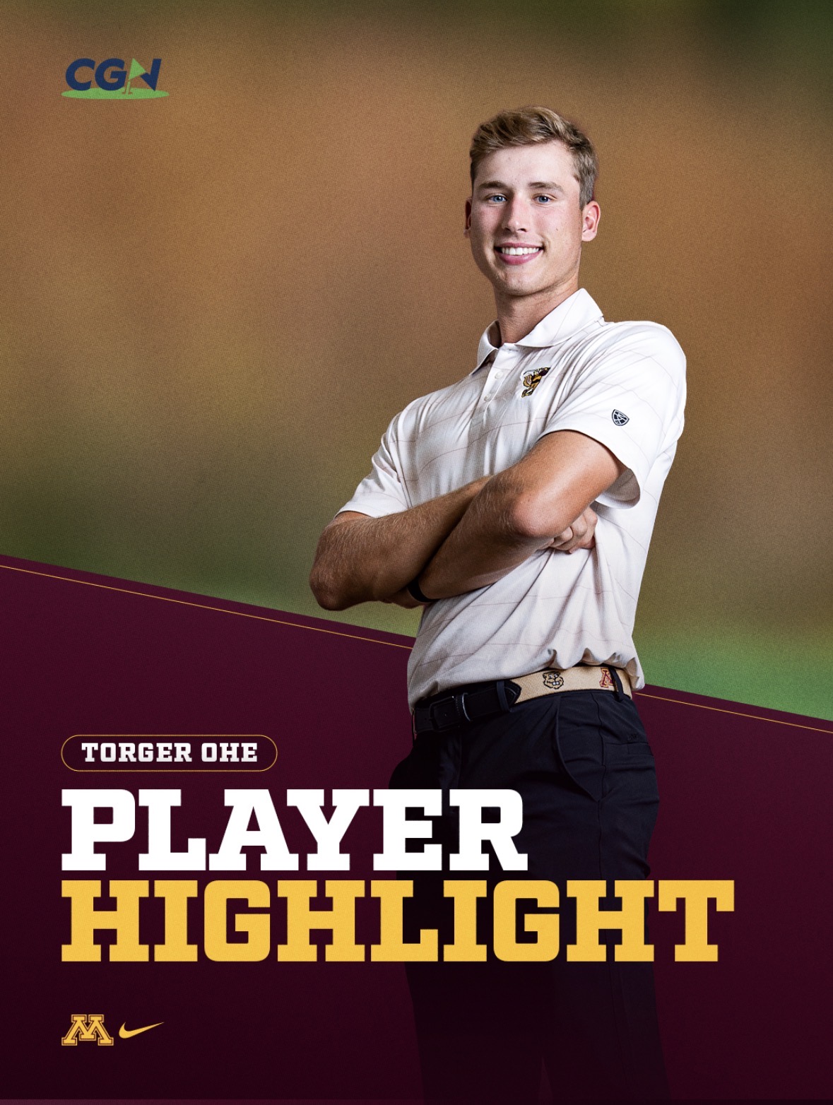 Torger Ohe featured in a CGN Player Highlight graphic for Minnesota men’s golf.