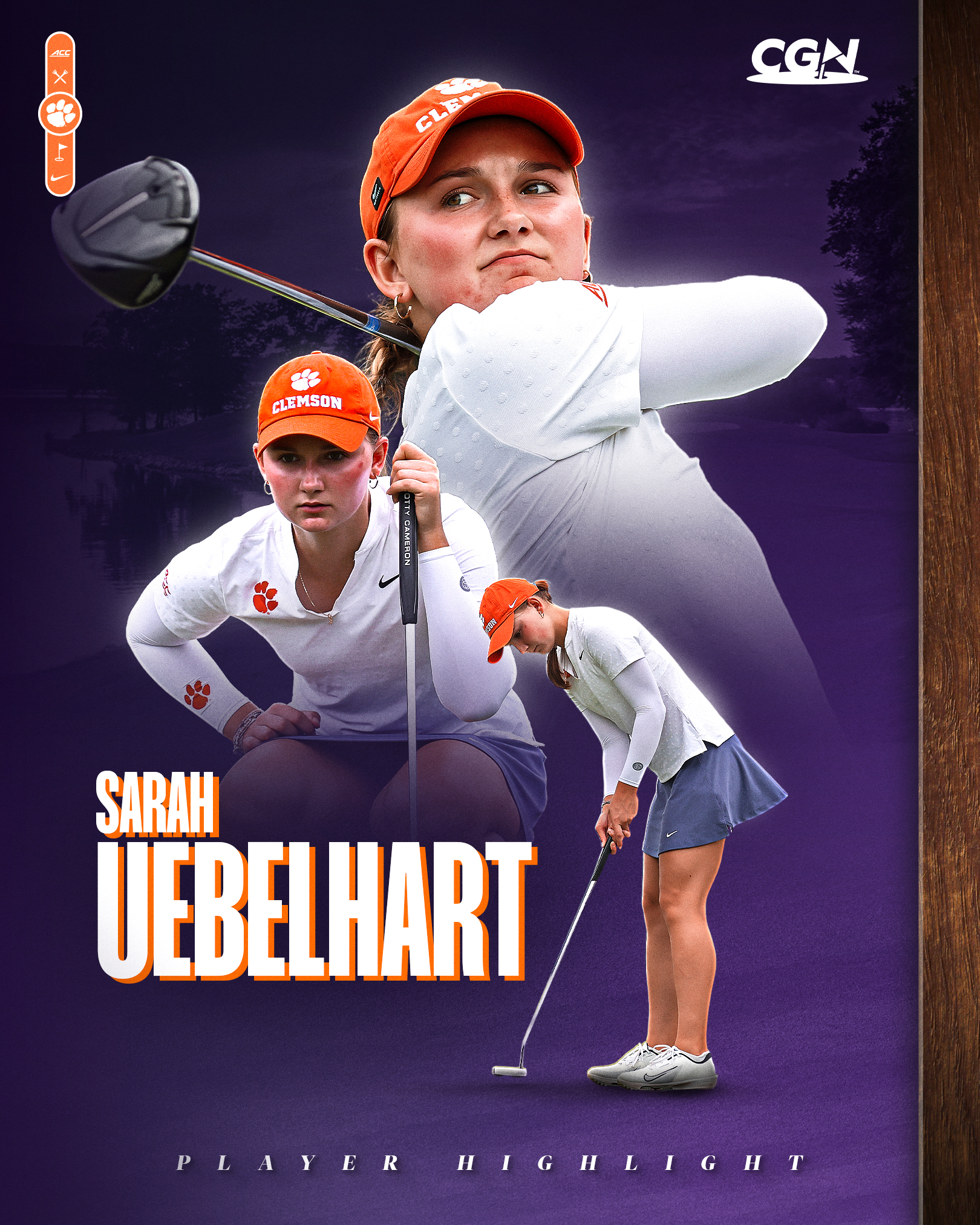 CGN Player Highlight graphic featuring Clemson sophomore golfer Sarah Uebelhart in multiple golf poses wearing Clemson apparel.