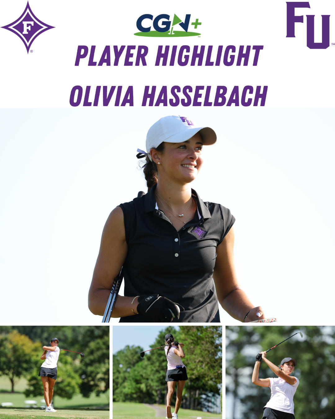 CGN+ Player Highlight graphic featuring Furman sophomore women's golfer Olivia Hasselbach, with a portrait, three golf action photos, Furman University logos and CGN+ branding.