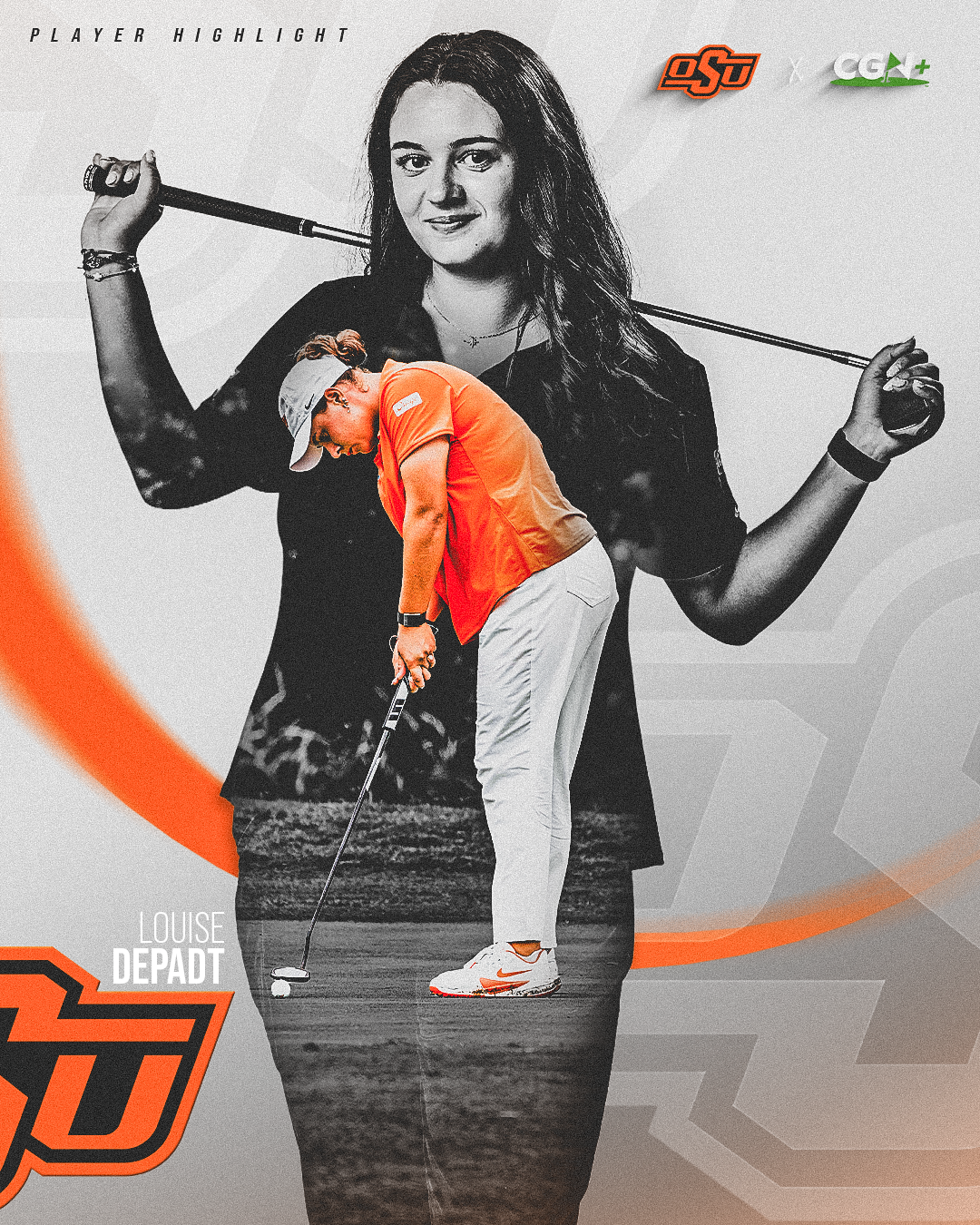 CGN+ Player Highlight graphic featuring Oklahoma State senior women's golfer Louise Depadt. The design includes a black and white portrait of Depadt holding a golf club, an action photo of her putting in an orange Oklahoma State shirt, and Oklahoma State and CGN+ logos.