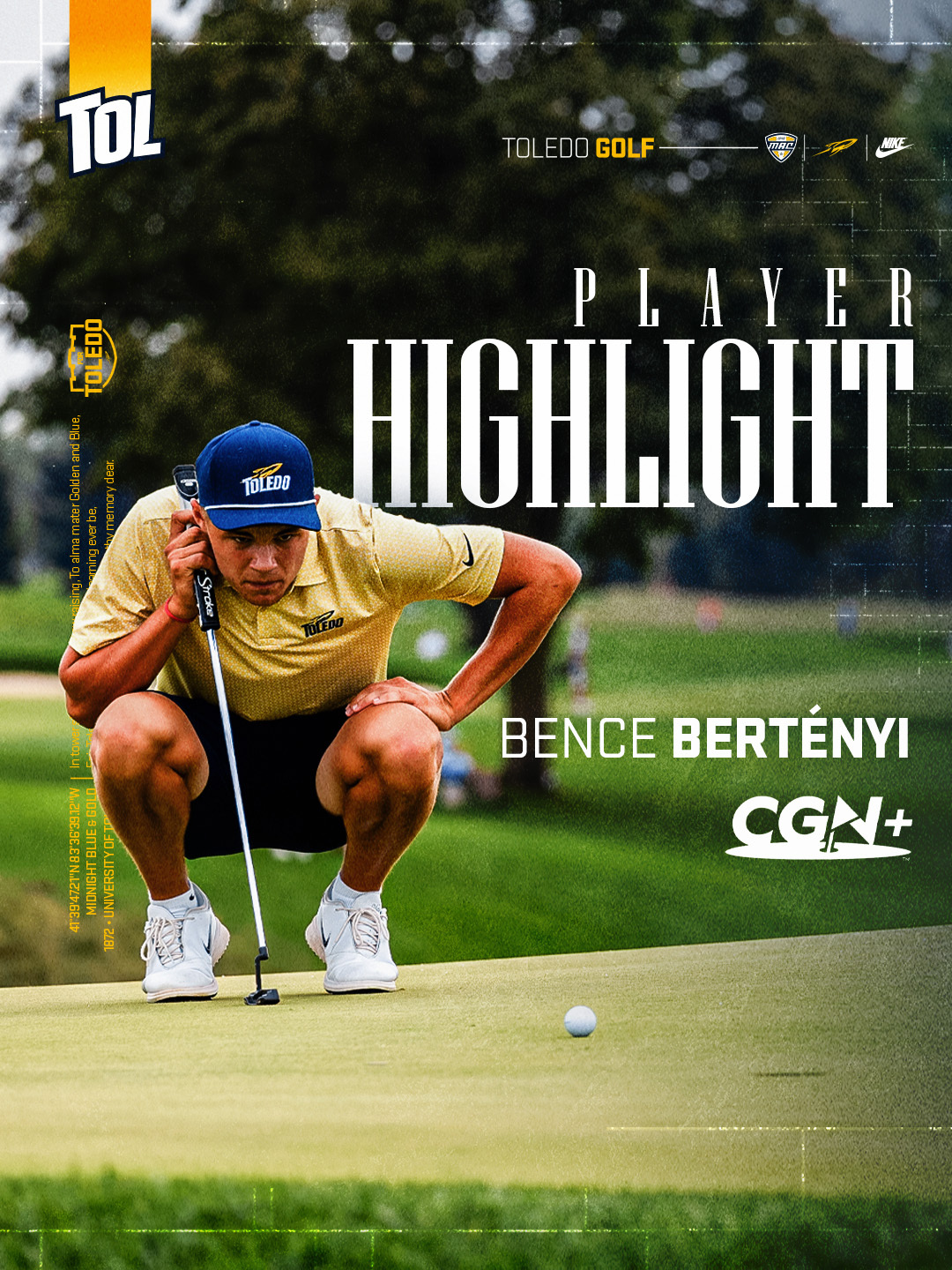 Toledo golfer Bence Bertényi lines up a putt in a CGN+ Player Highlight graphic.