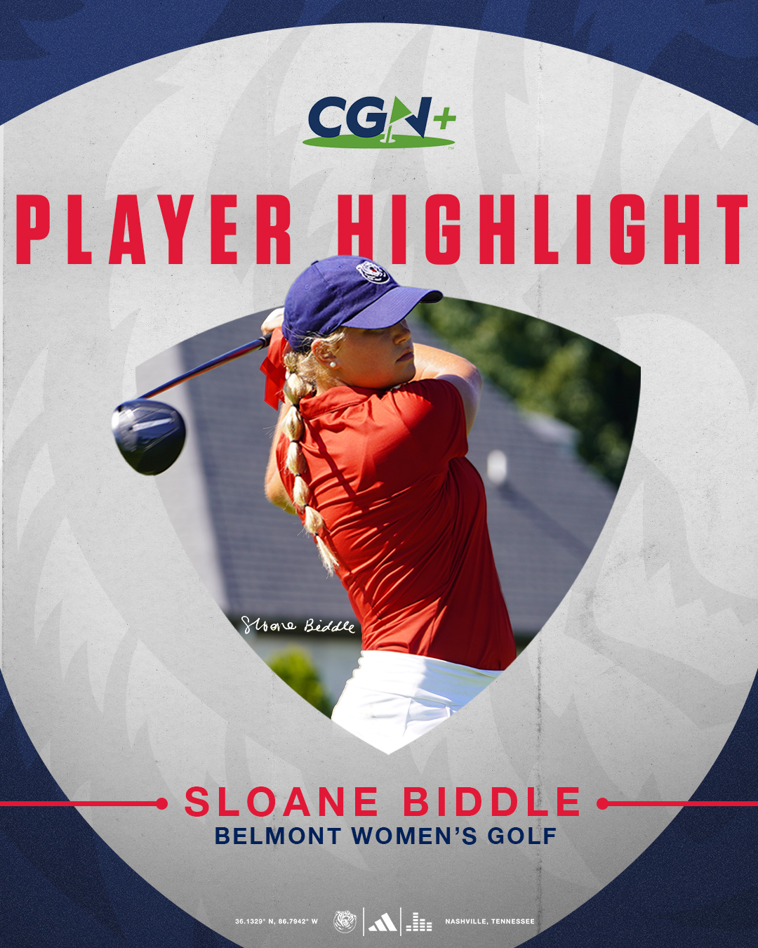 CGN+ Player Highlight graphic featuring Belmont women's golfer Sloane Biddle wearing a red golf shirt and purple cap while completing her golf swing, with her name and Belmont Women's Golf displayed below.