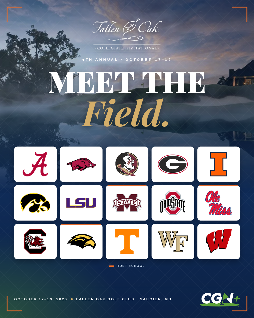 CGN+ Meet the Field graphic featuring 15 NCAA Division I men's golf teams competing in the 2026 Fallen Oak Collegiate Invitational, October 17–19, at Fallen Oak Golf Club in Saucier, Mississippi.
