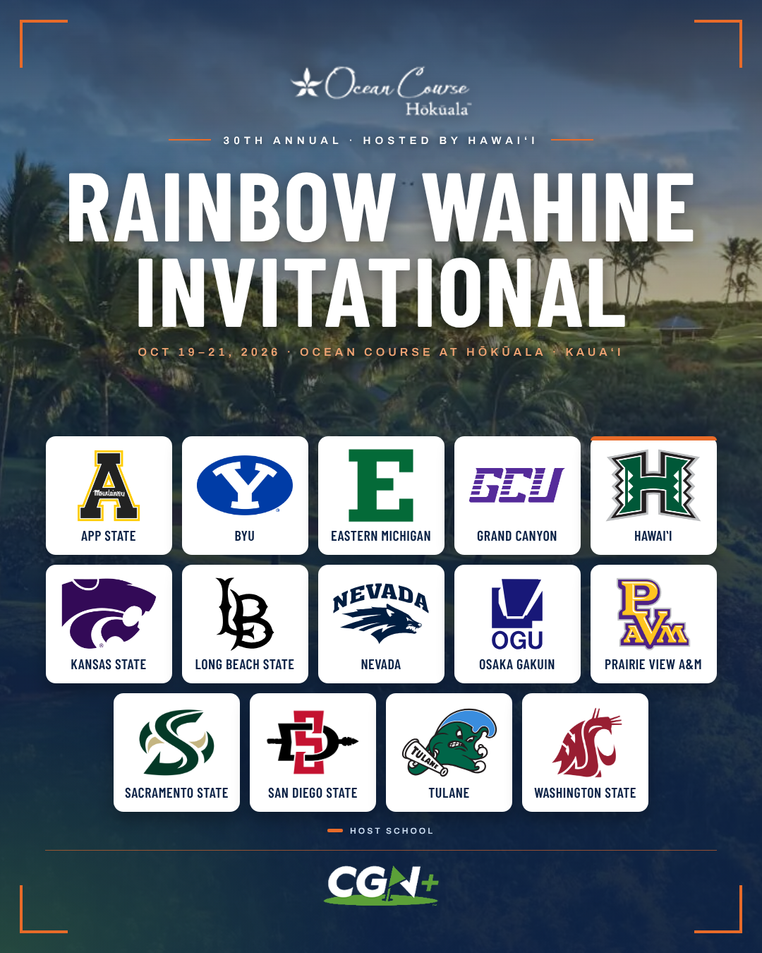 CGN+ graphic displaying the 14 participating teams in the 30th Rainbow Wahine Invitational, hosted by the University of Hawai‘i from October 19 to 21, 2026, at the Ocean Course at Hōkūala in Kaua‘i.